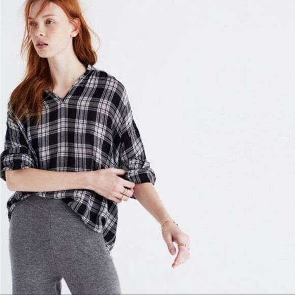 Madewell Small Highroad Popover Oversized Clarksburg Plaid Top Black White - Picture 9 of 9